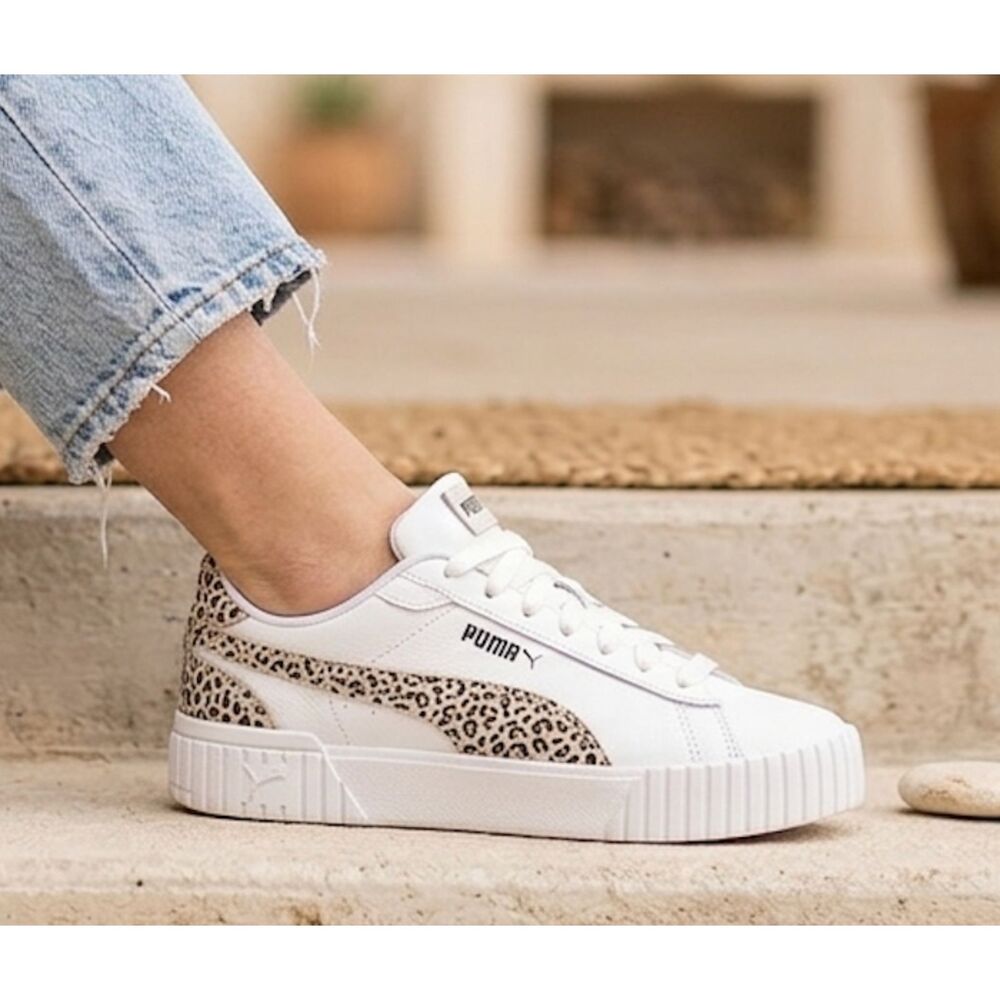 Puma Women's Carina Platform Animal Leopard Print Sneakers - 8 - White/Tan